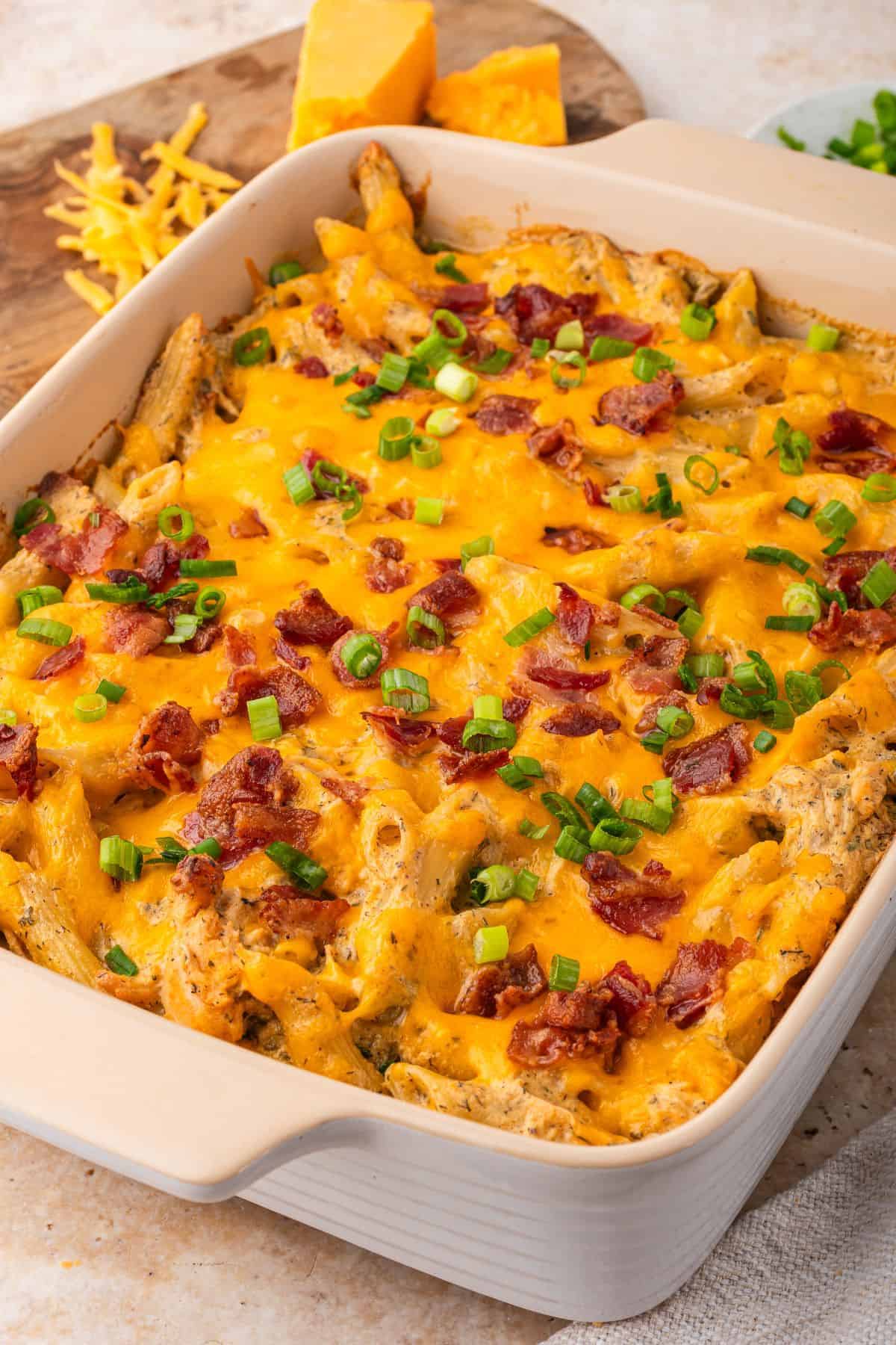 Bacon chicken ranch casserole baked until golden and bubbly