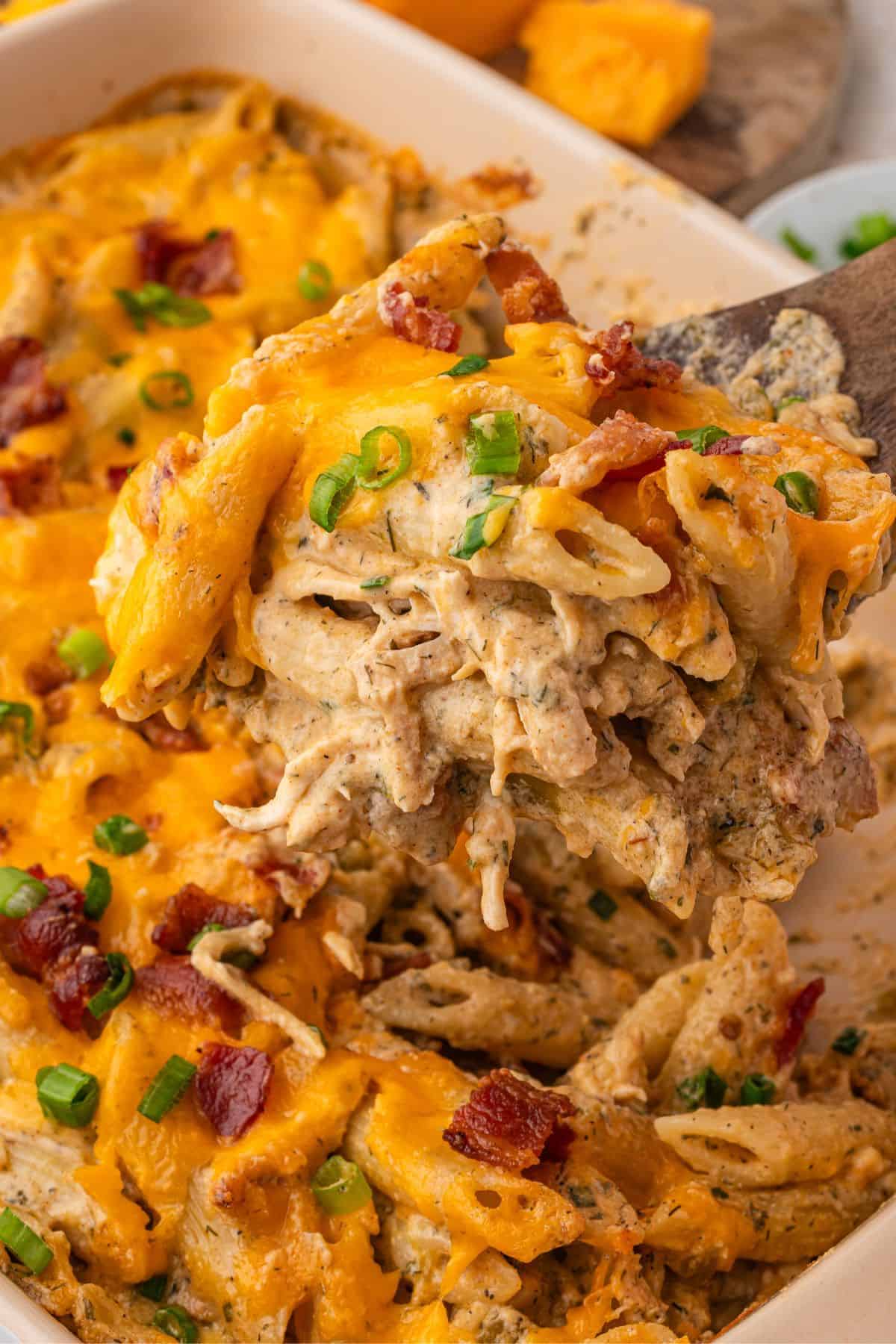 Ranch bacon chicken casserole with rotisserie chicken and cheese