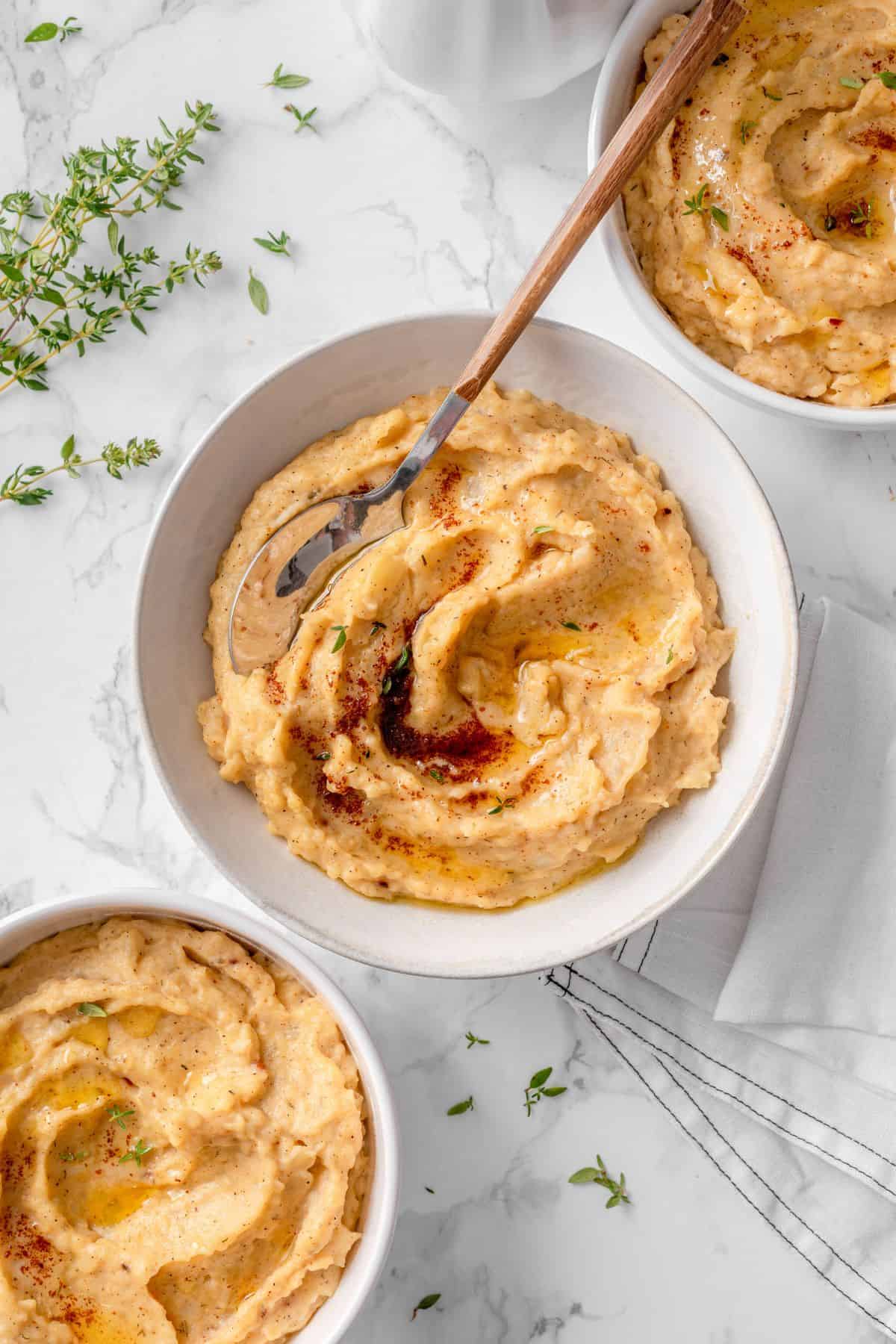 Mashed potatoes with browned butter served warm and creamy