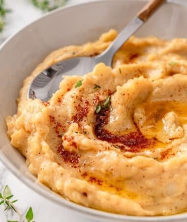 Browned butter garlic mashed potatoes with roasted garlic mixed in