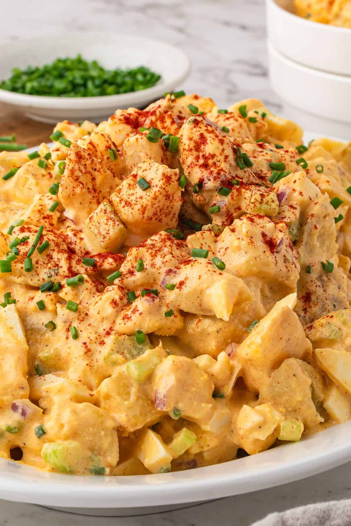 Deviled egg and potato salad with mustard, mayo, and paprika