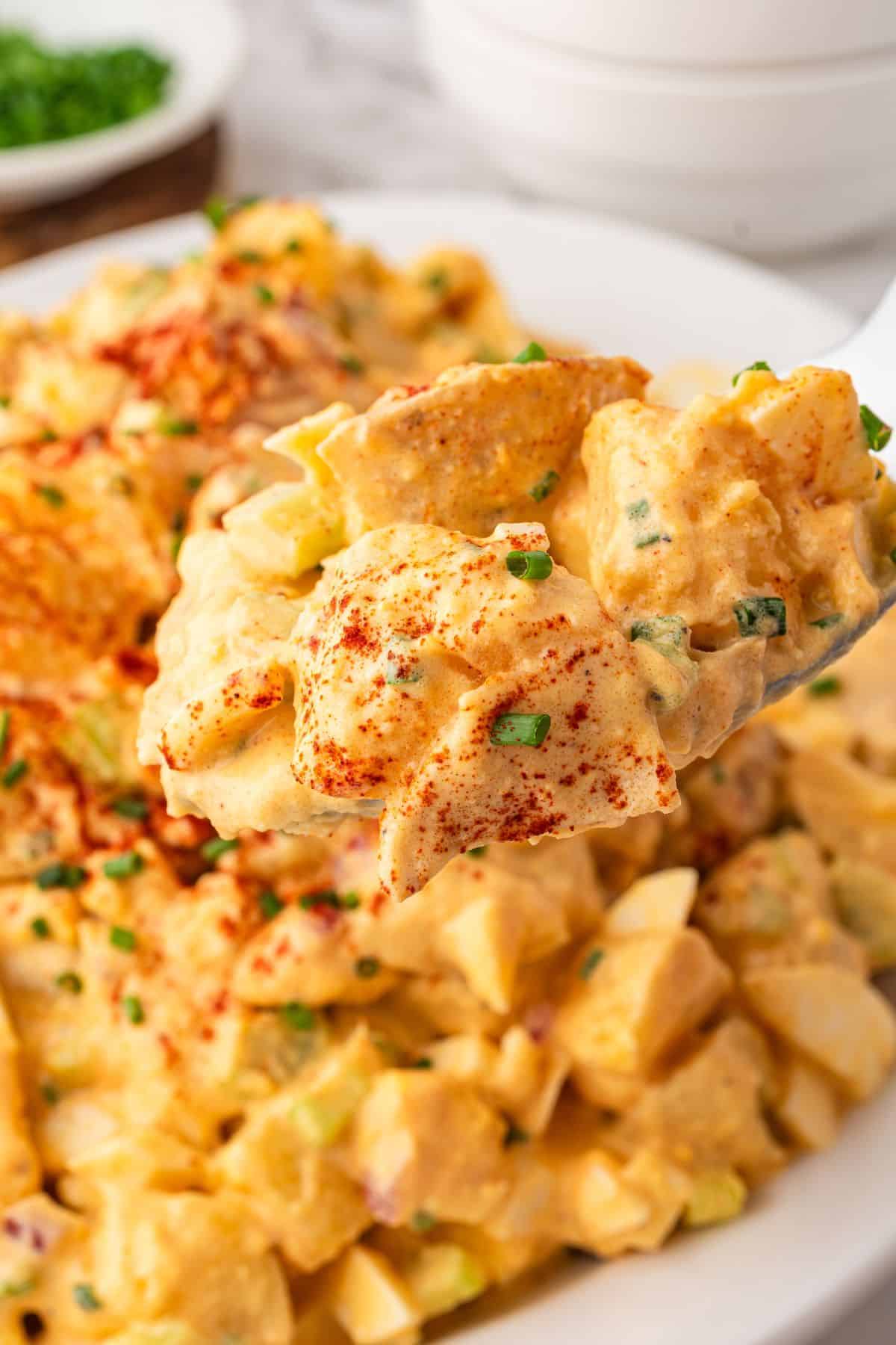 Easy deviled egg potato salad with rich deviled egg-inspired dressing