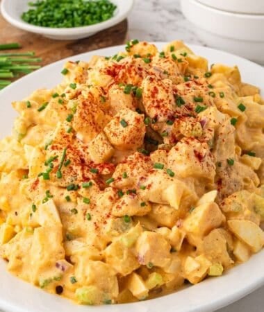 Deviled egg potato salad recipe with Dijon mustard and seasoning