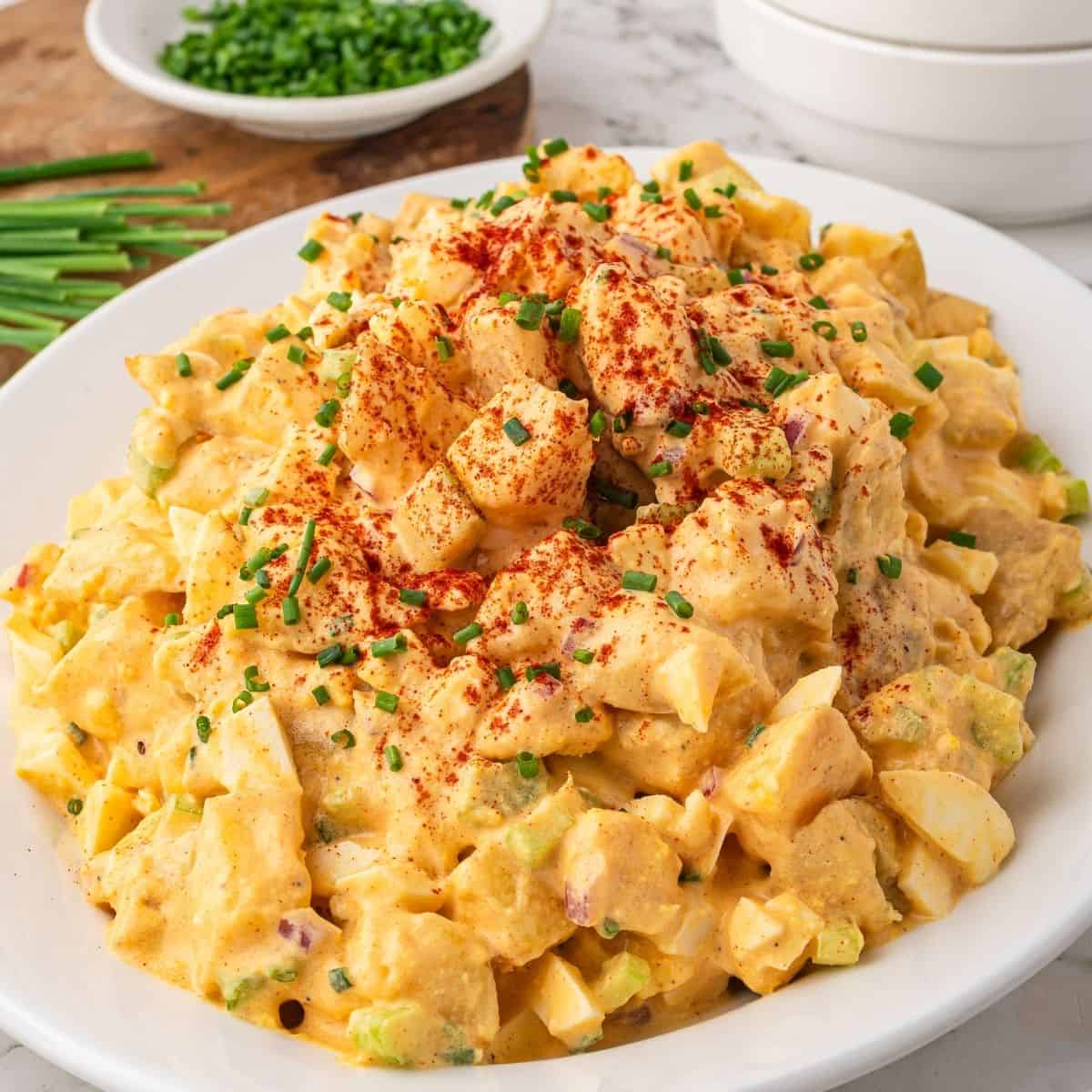 Deviled egg potato salad recipe with Dijon mustard and seasoning