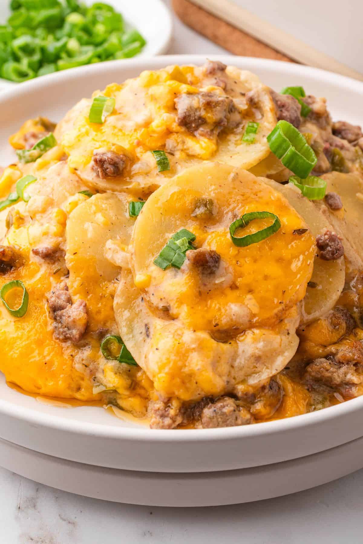 Creamy hamburger potato casserole with thin sliced potatoes and beef