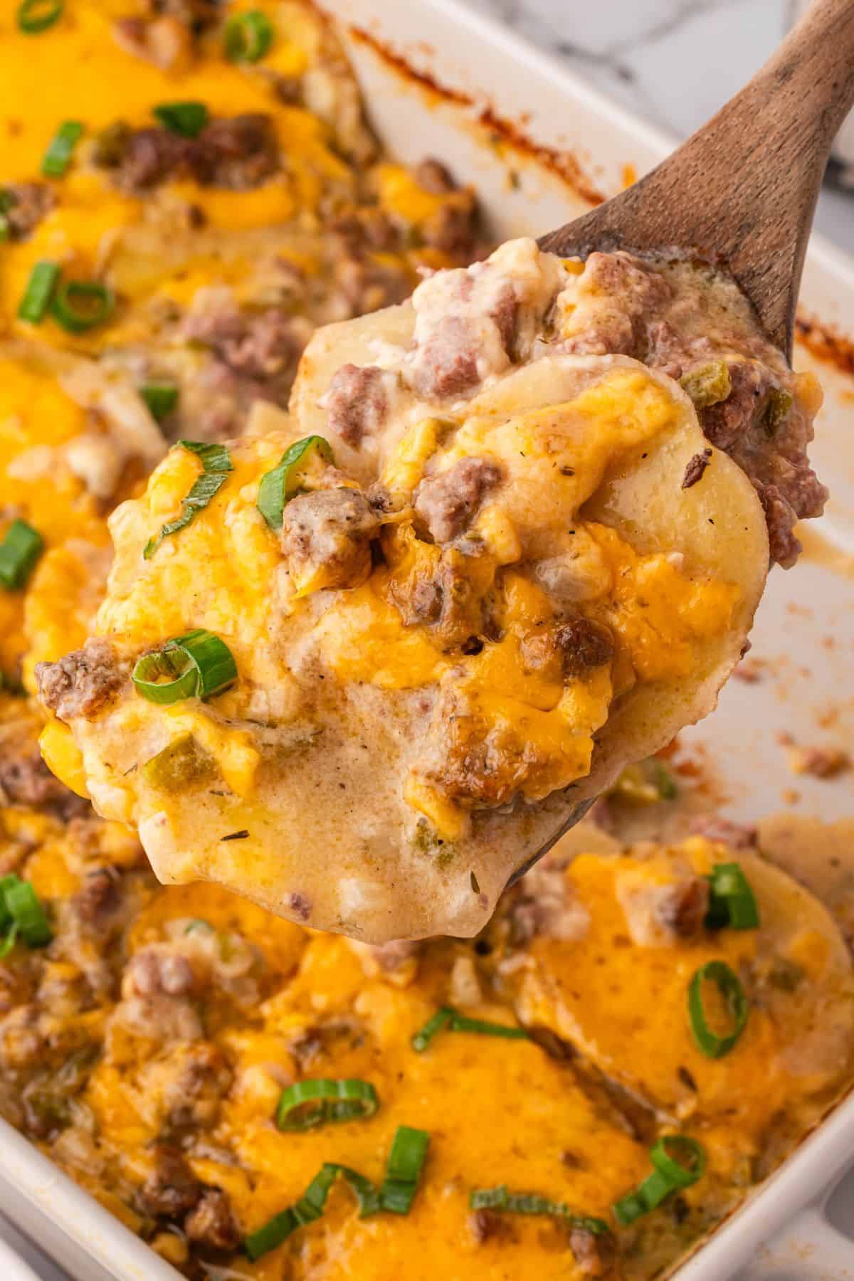 Hamburger meat potato casserole baked with cheddar and mozzarella