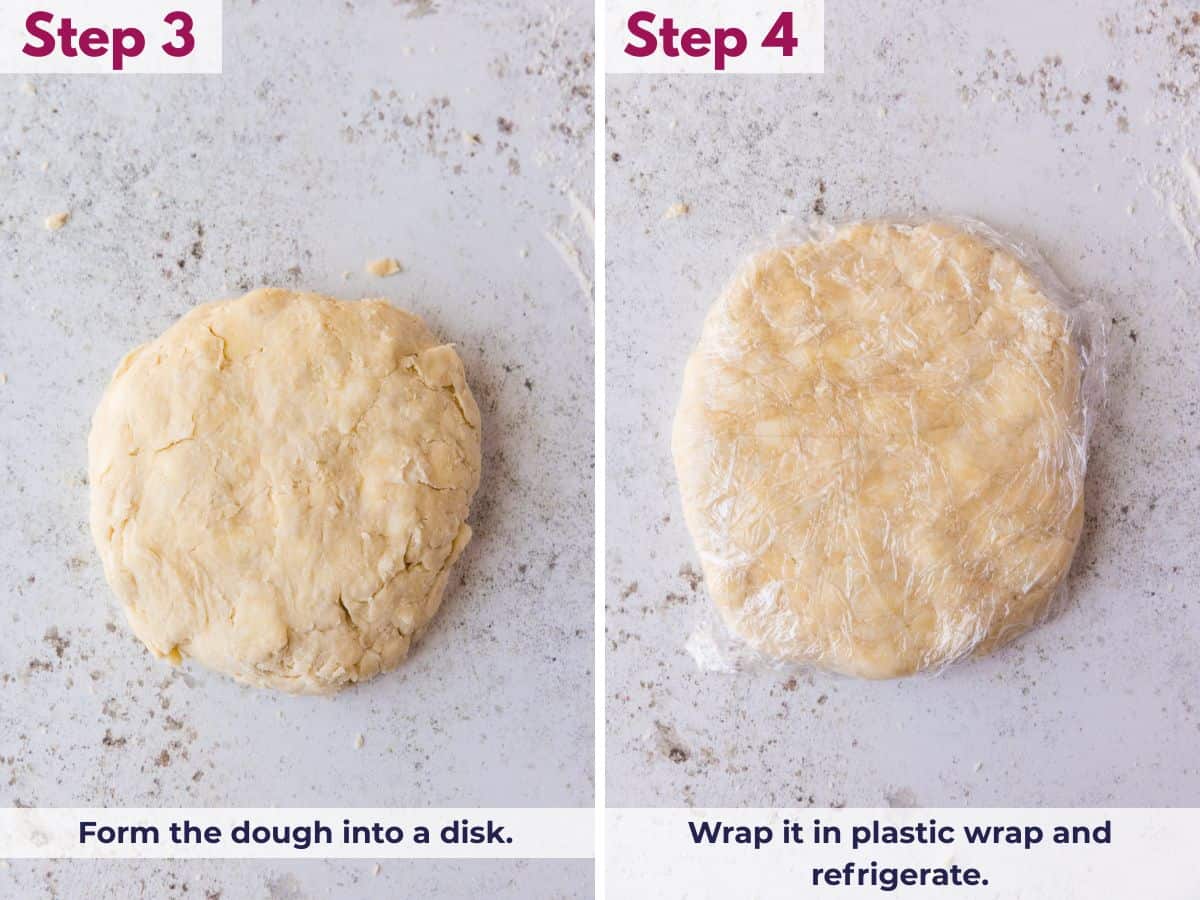 Forming pie crust dough into a disk and wrapping it in plastic wrap