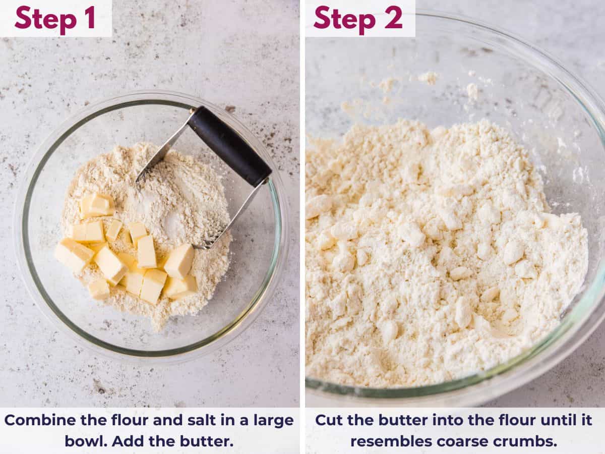 Combining flour and salt in a bowl, then cutting in butter until the mixture resembles coarse crumbs for pie crust dough