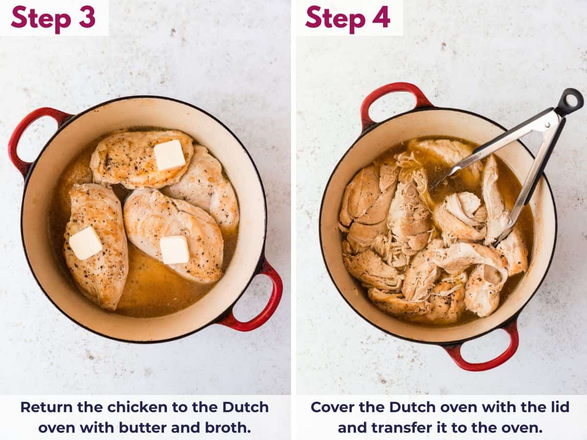 Returning seared chicken to the Dutch oven with butter and broth, covering with a lid, and transferring to the oven to braise until tender