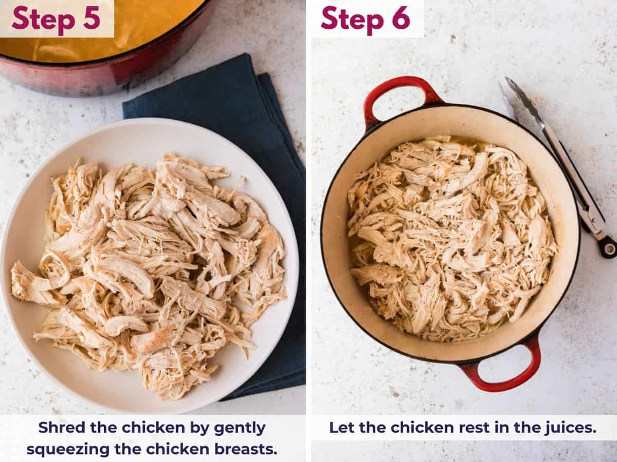 Shredding cooked chicken by gently pulling it apart and letting it rest in the juices in the Dutch oven
