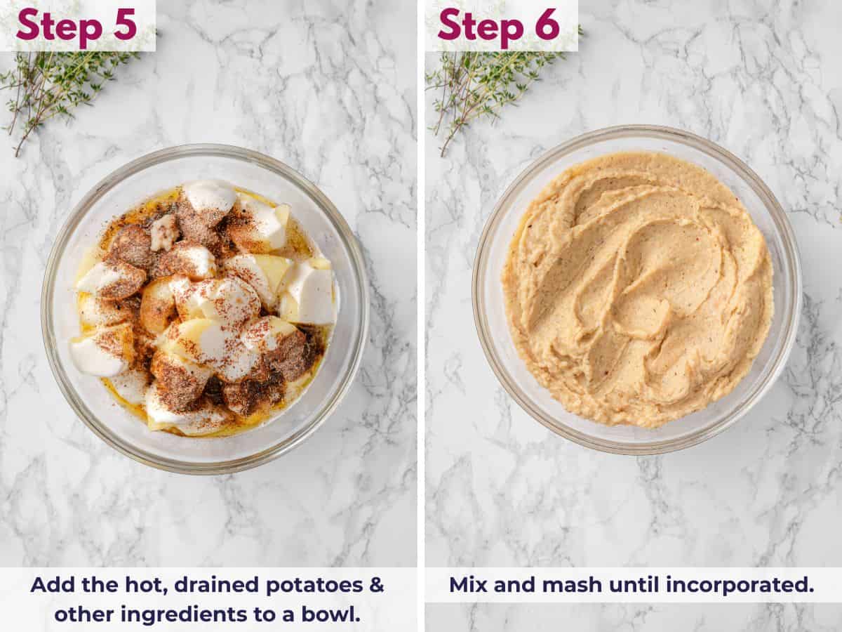 Adding hot drained potatoes and remaining ingredients to a bowl, then mixing and mashing until smooth and fully incorporated