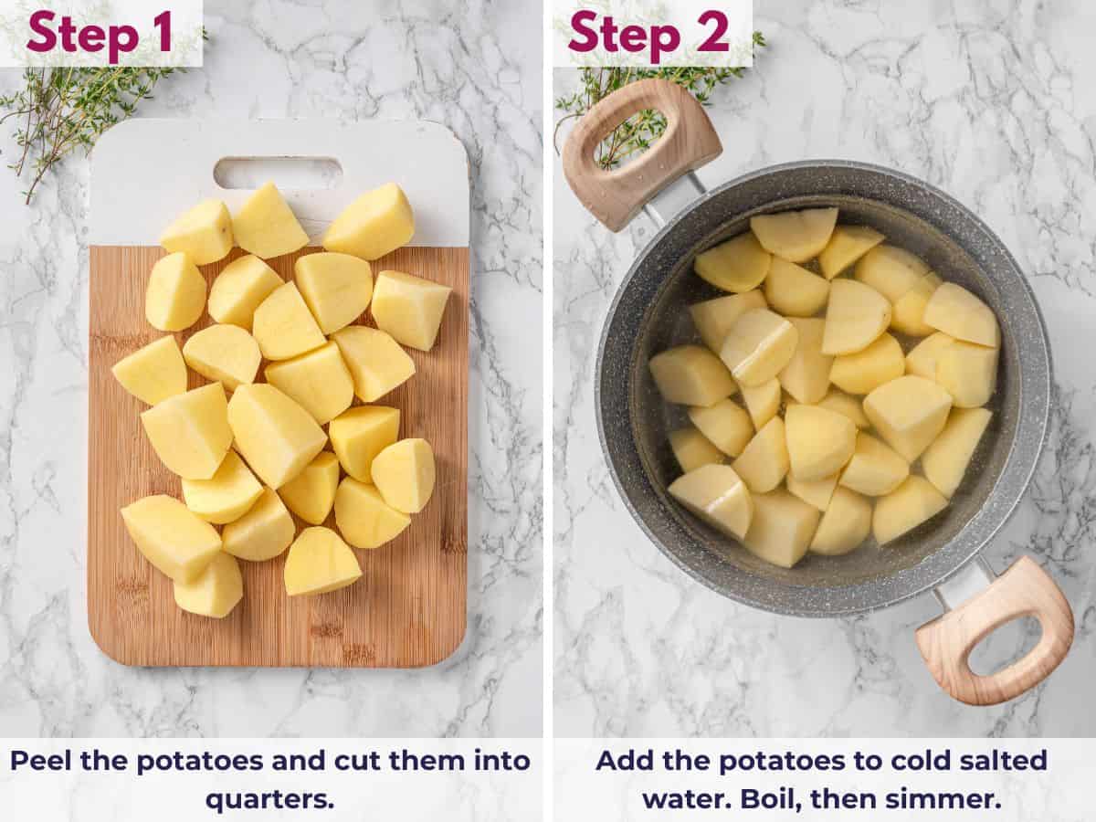 Peeling and quartering potatoes, adding them to cold water, then boiling and simmering until fork-tender for mashed potatoes