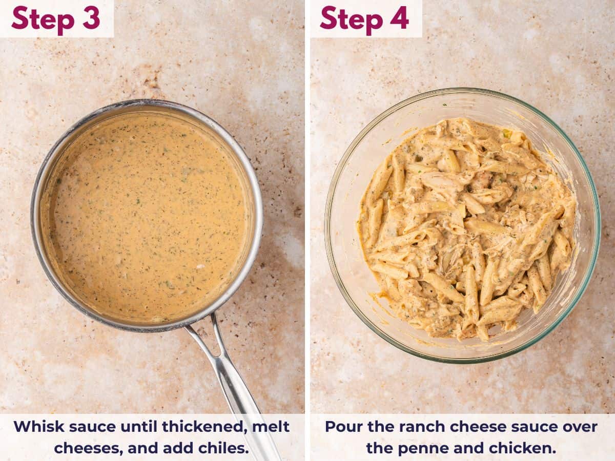 Whisking half-and-half into the roux, melting in cheese and seasonings, then pouring the creamy ranch sauce over chicken and penne to coat evenly