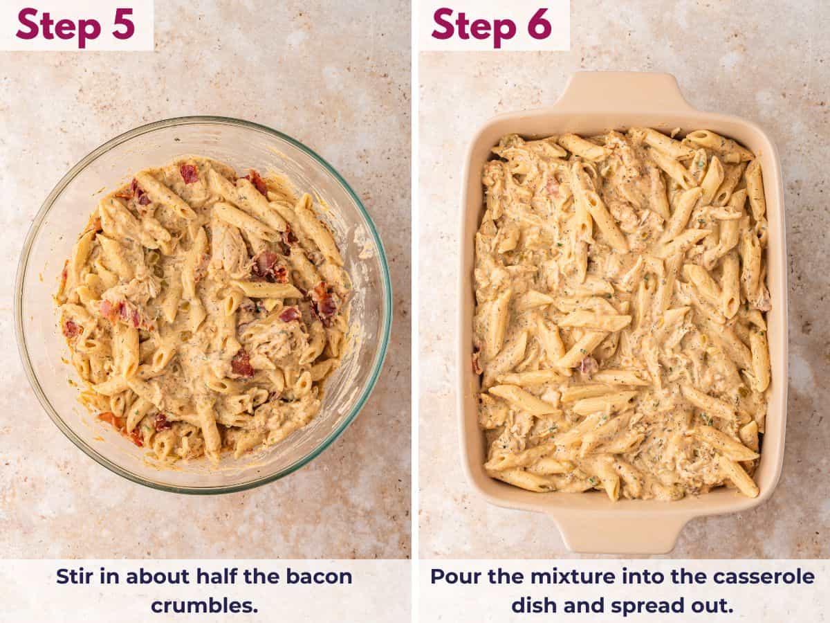 Stirring bacon crumbles into the casserole mixture, then spreading it evenly in a baking dish before baking