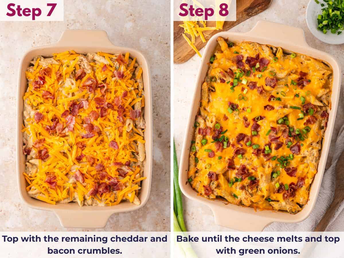 Topping the casserole with cheddar and bacon, then finishing with sliced green onions before serving