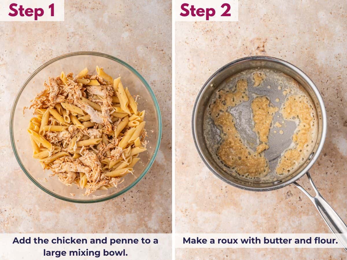 Adding chicken and penne to a mixing bowl while making a roux with butter and flour for the casserole sauce