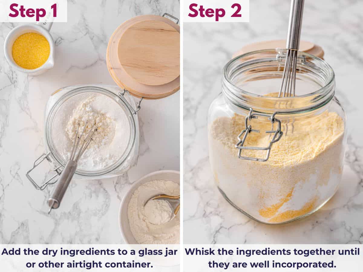 Adding dry cornbread mix ingredients to a jar and whisking until evenly combined for storage