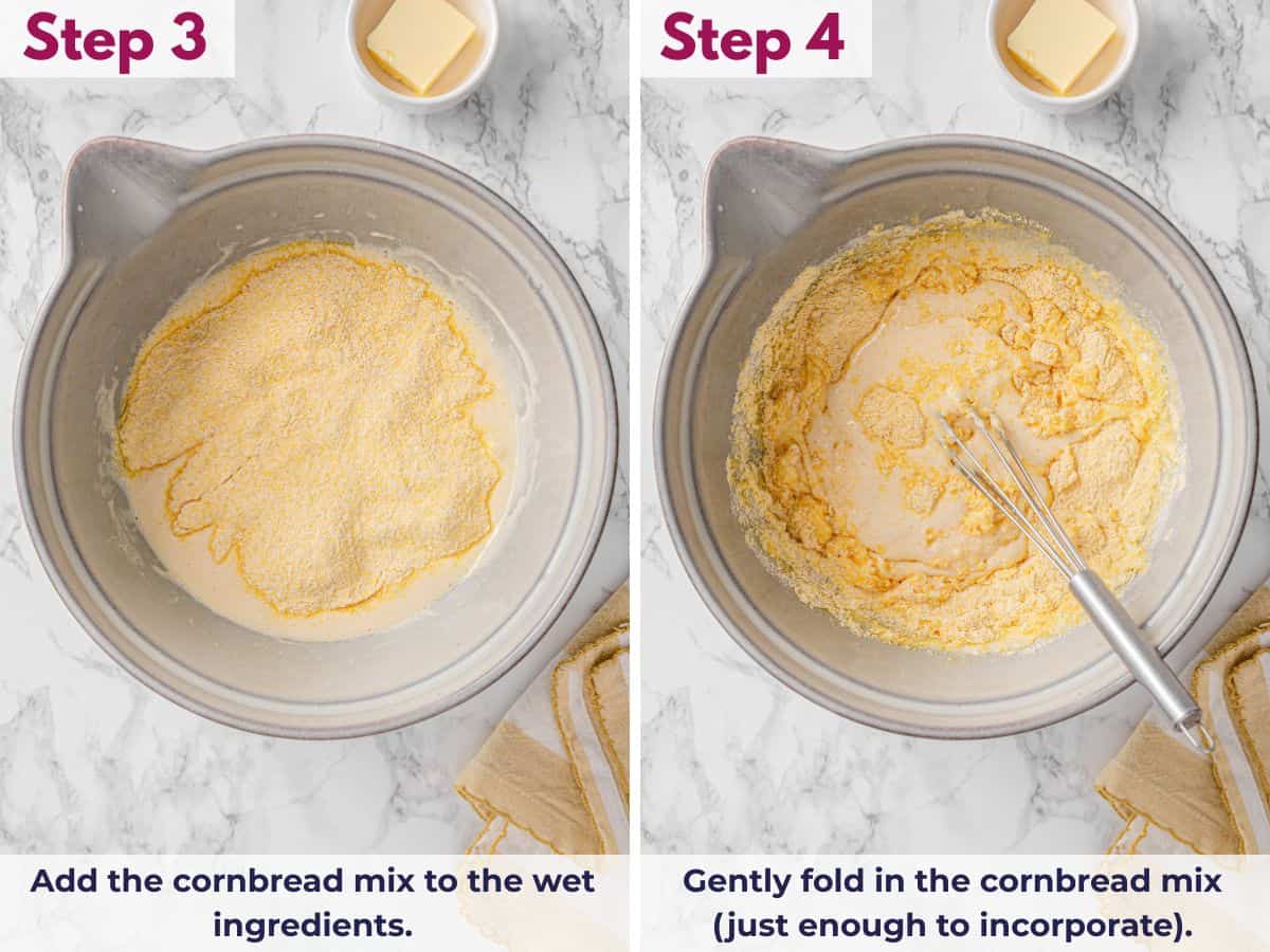 Adding cornbread mix to the wet ingredients and gently folding until just combined without overmixing