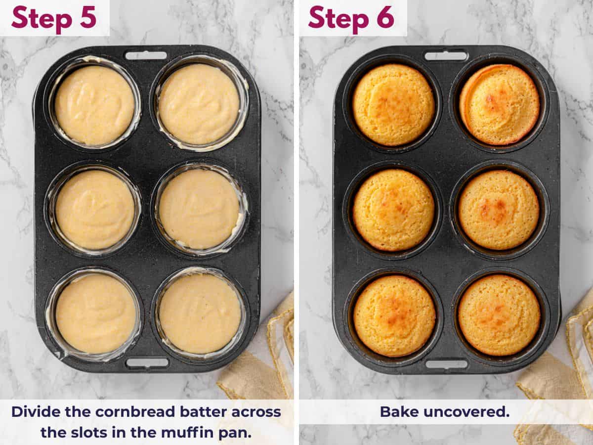 Dividing the cornbread batter evenly into muffin pan slots and baking uncovered until golden and fluffy