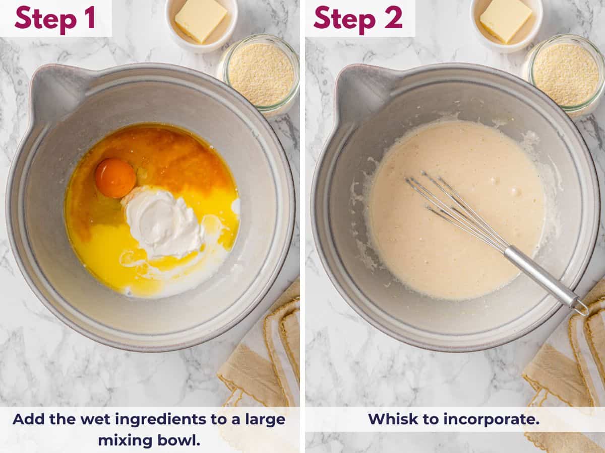 Adding wet ingredients to a large mixing bowl and whisking until smooth and fully incorporated
