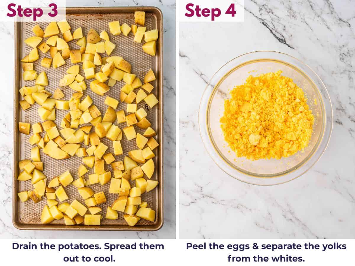 Draining boiled potatoes and spreading them on a baking sheet to cool, while peeling eggs and separating yolks from whites for deviled egg potato salad