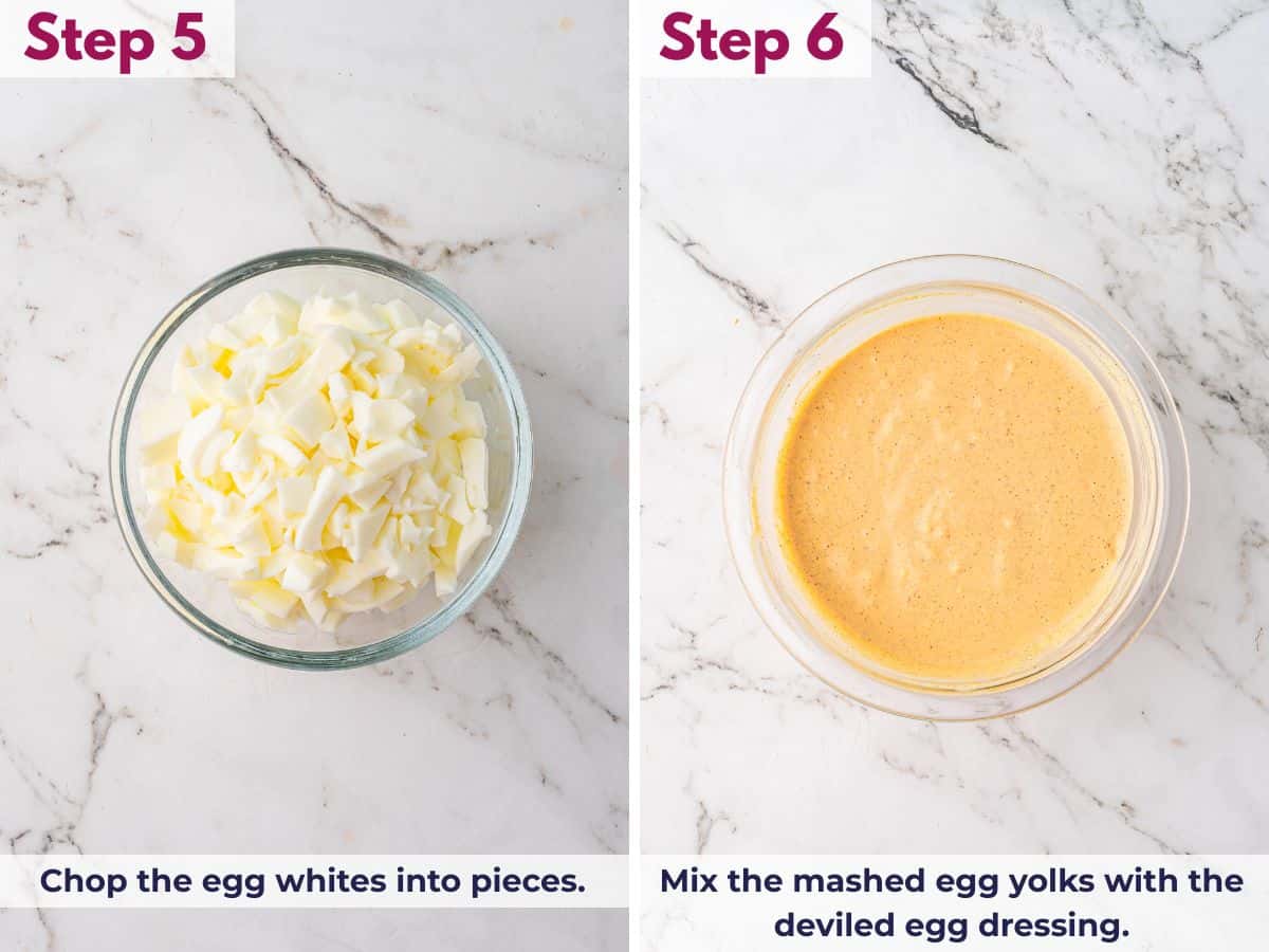 Chopping egg whites and mixing mashed yolks with deviled egg dressing for potato salad filling