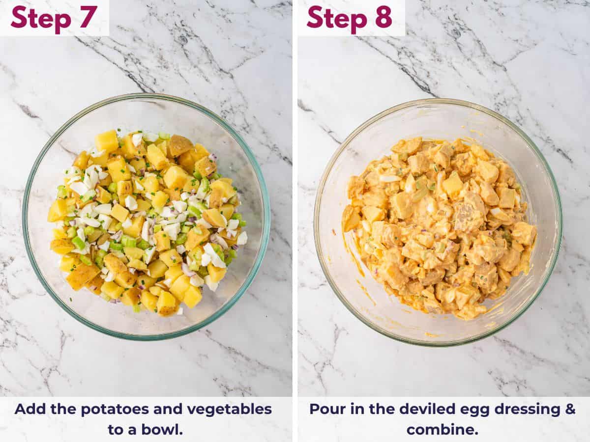 Adding potatoes and vegetables to a bowl, then gently tossing with deviled egg dressing until evenly combined for potato salad