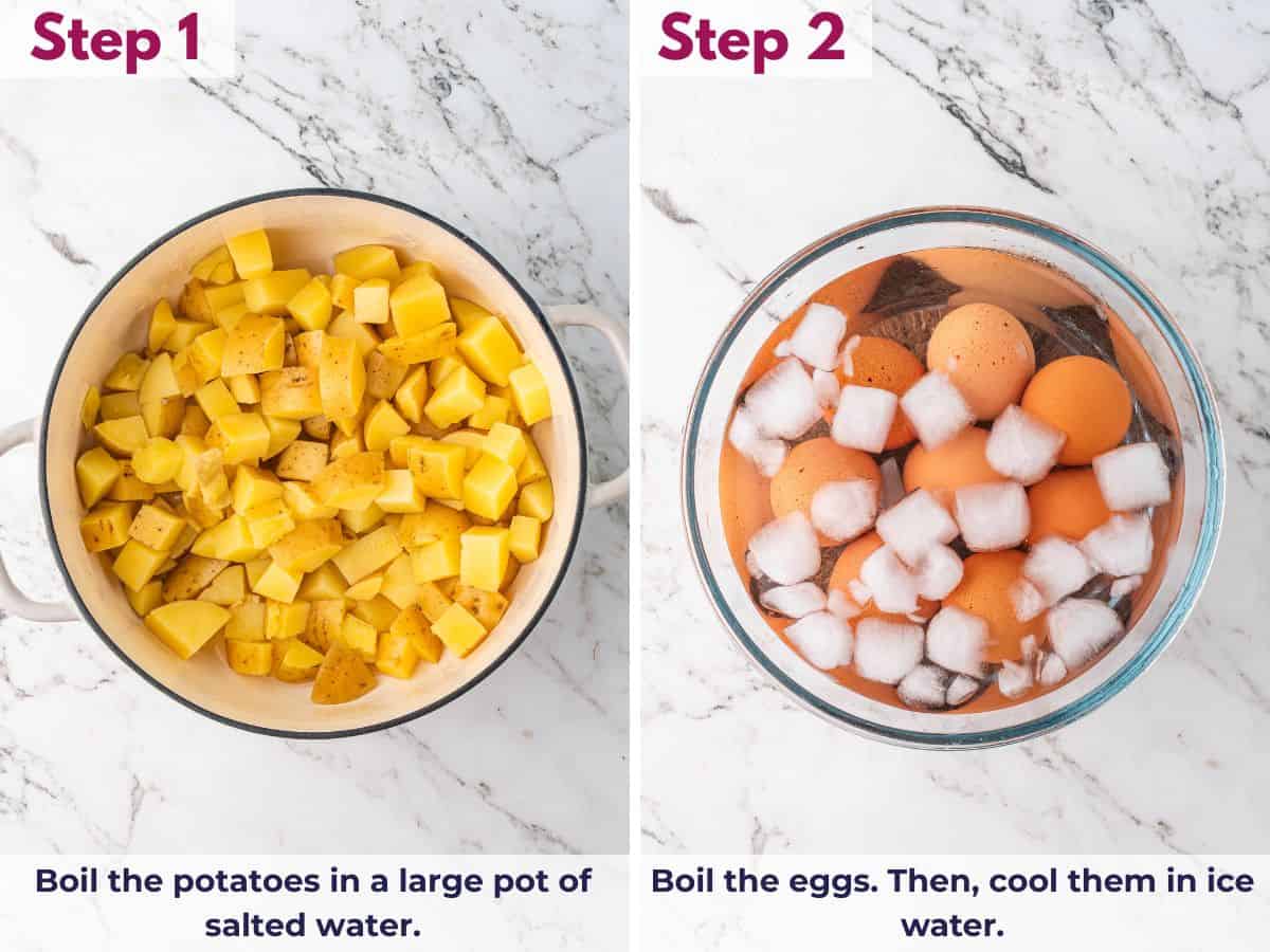 Boiling potatoes in salted water and cooking eggs, then transferring eggs to an ice water bath to cool for deviled egg potato salad