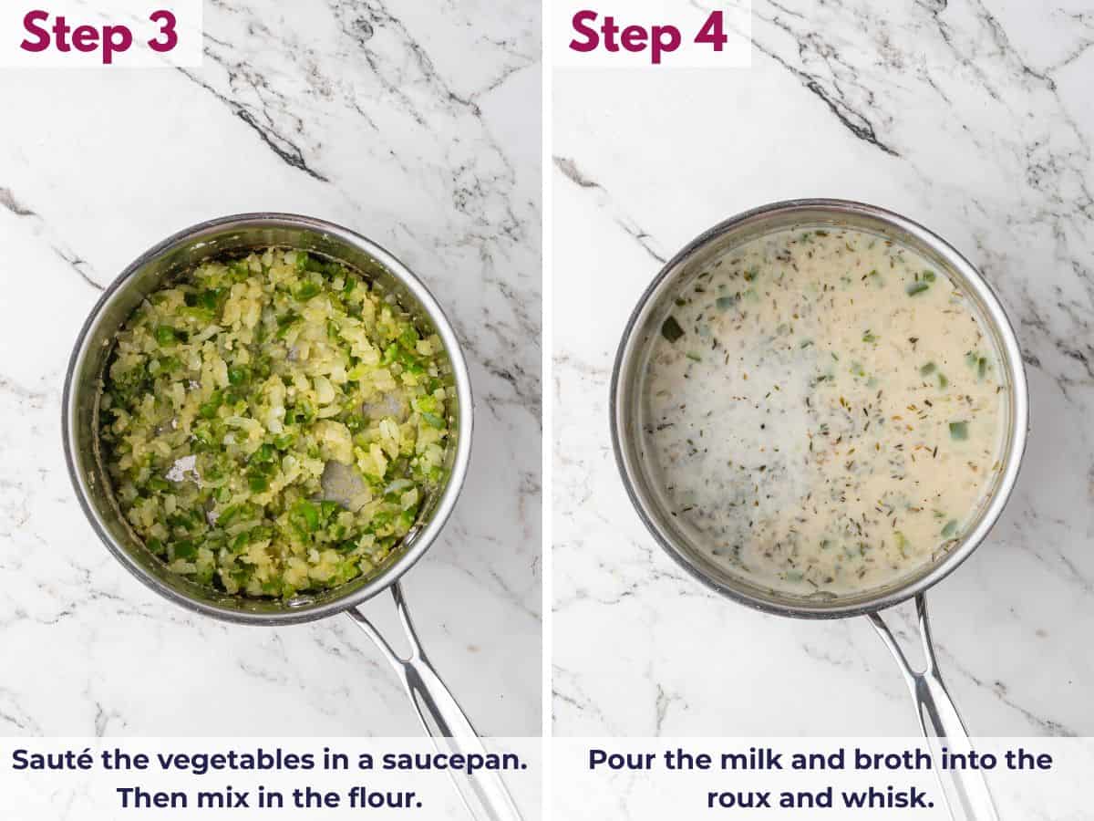 Saut&eacute;ing vegetables in a saucepan, stirring in flour, then whisking milk and broth into the roux to make a creamy sauce
