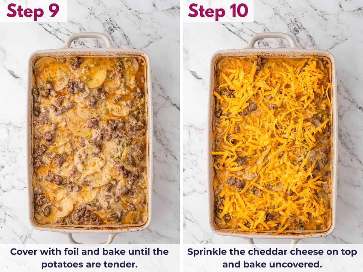 Covering the casserole with foil and baking until potatoes are tender, then sprinkling cheddar cheese on top and baking uncovered until melted and golden
