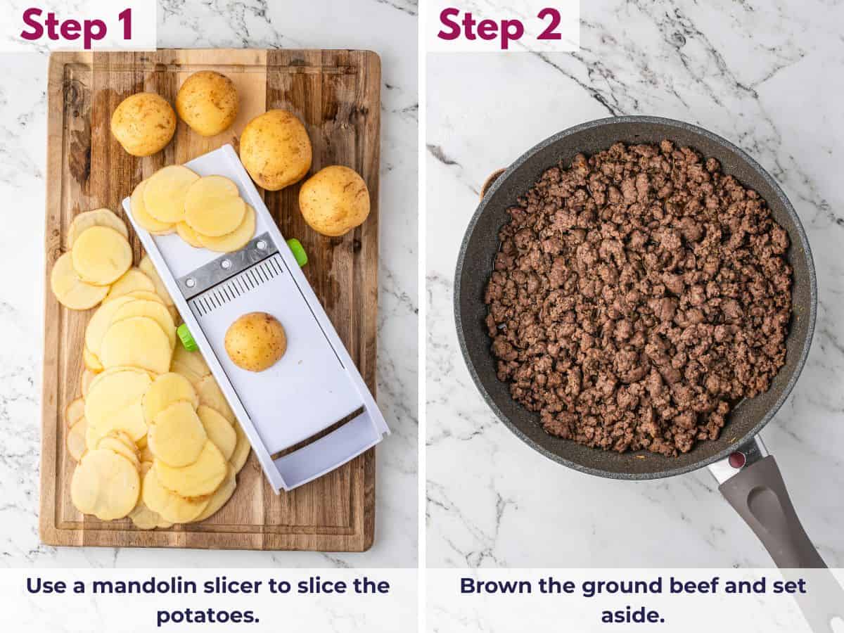 Slicing potatoes into thin even pieces with a mandolin and browning ground beef in a skillet before assembling the casserole