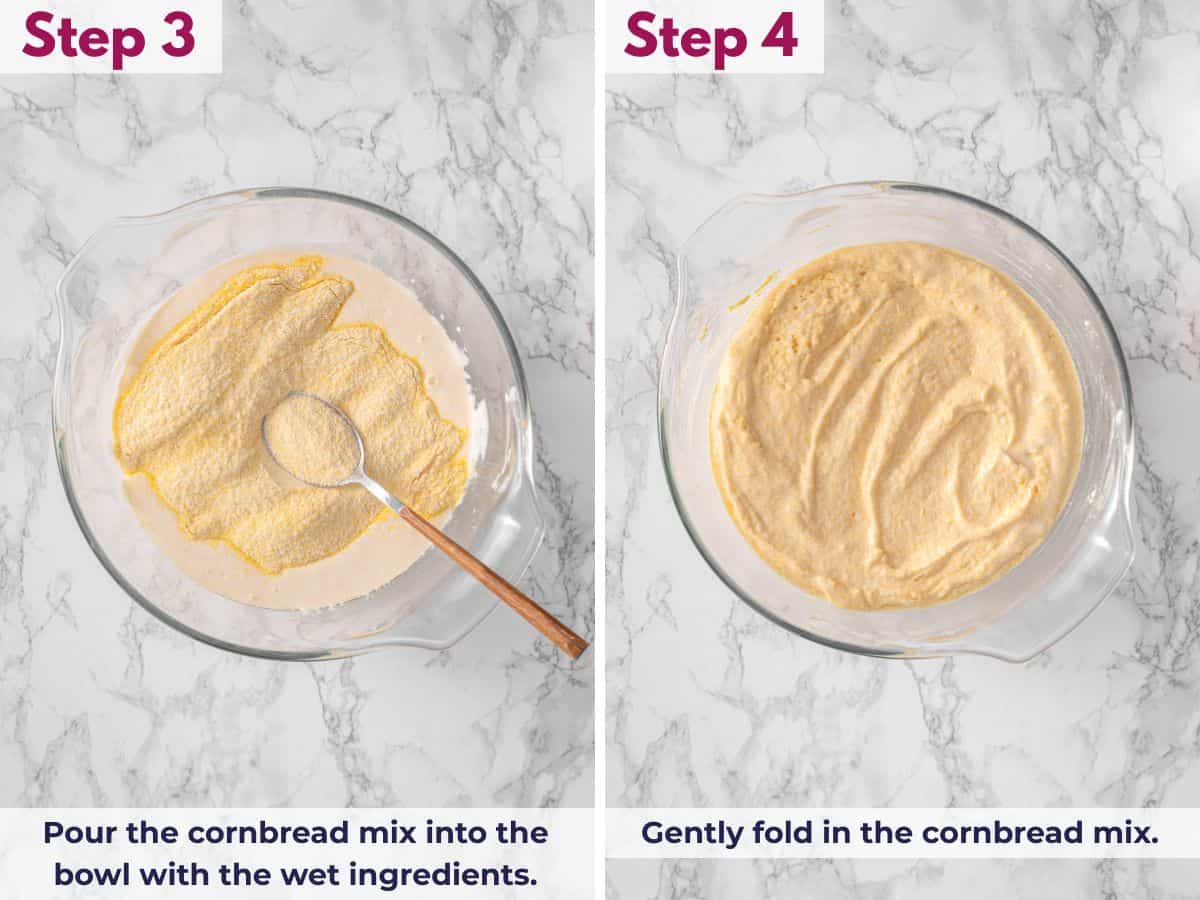 Adding cornbread mix to the wet ingredients and gently folding until just combined