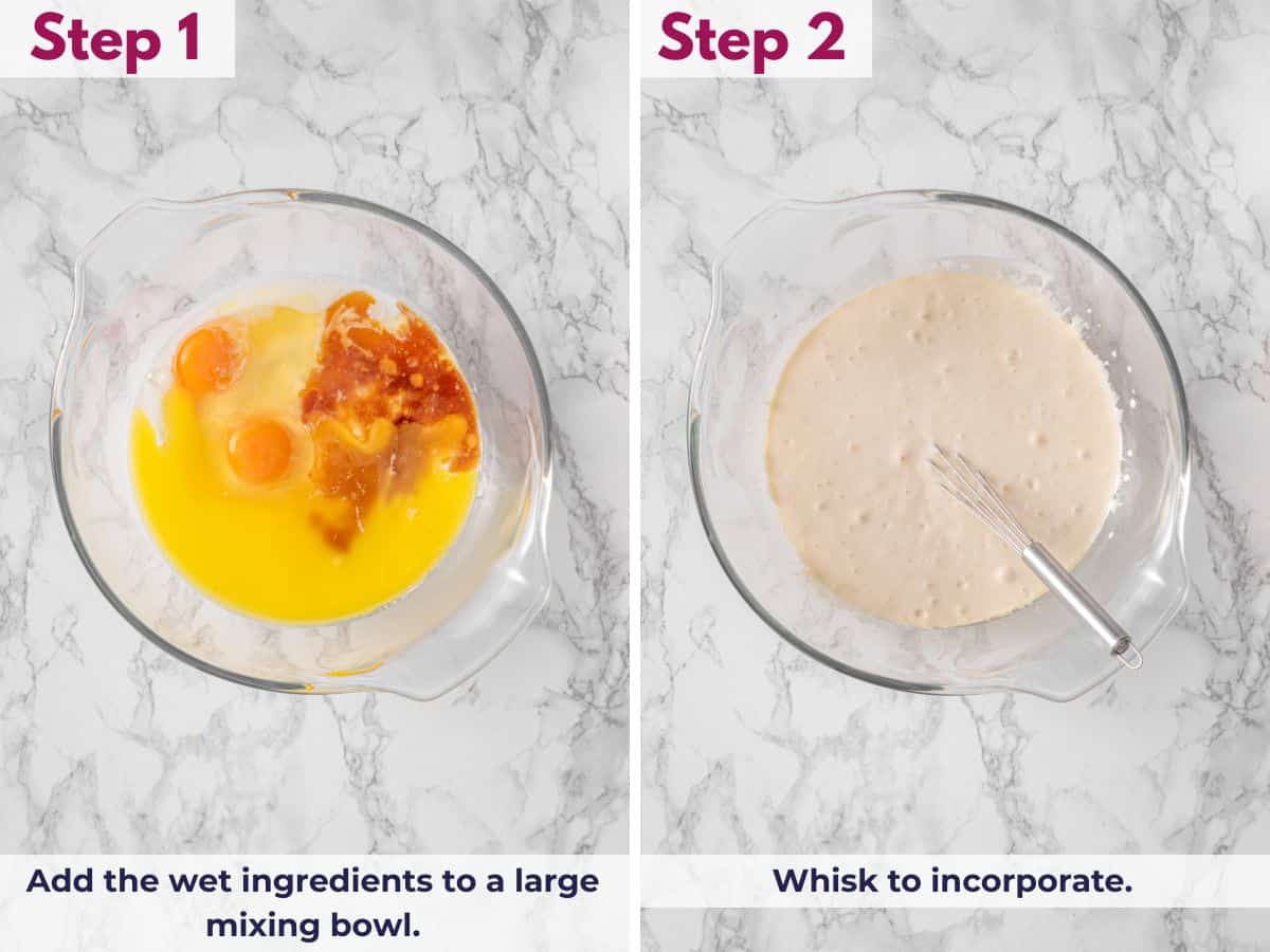 Adding wet ingredients to a large mixing bowl and whisking until smooth and combined