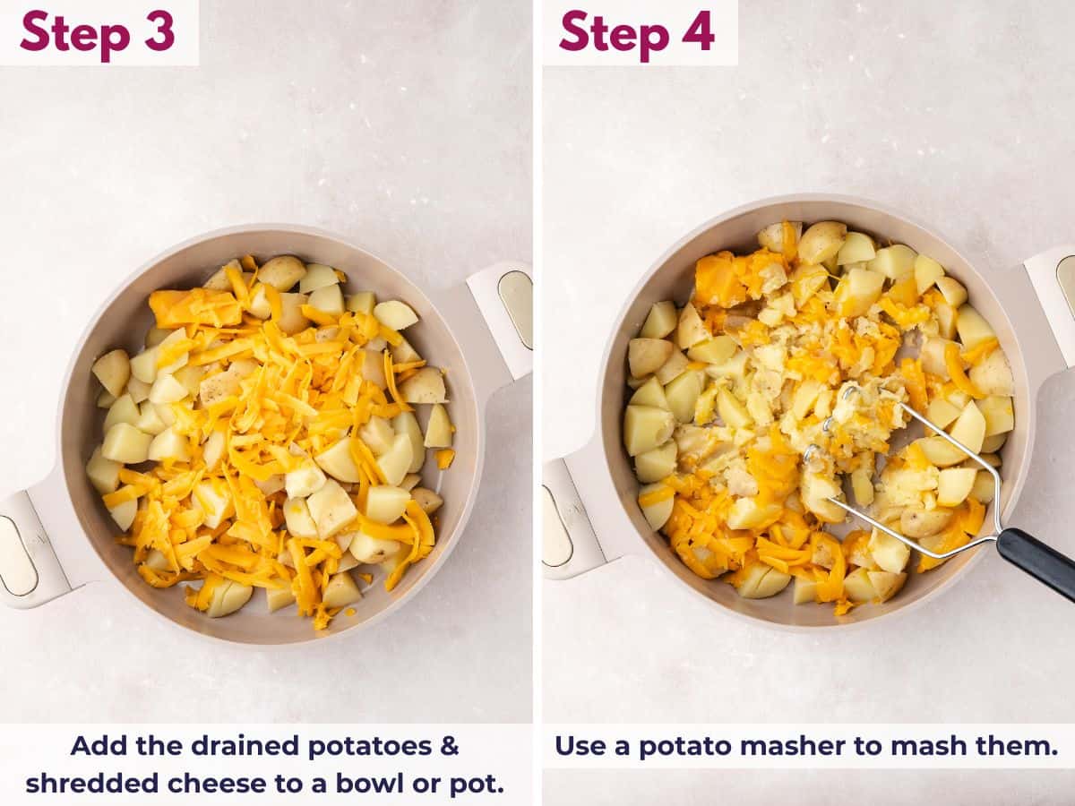 Adding drained potatoes and shredded cheese to a bowl, then mashing until smooth, creamy, and fully combined