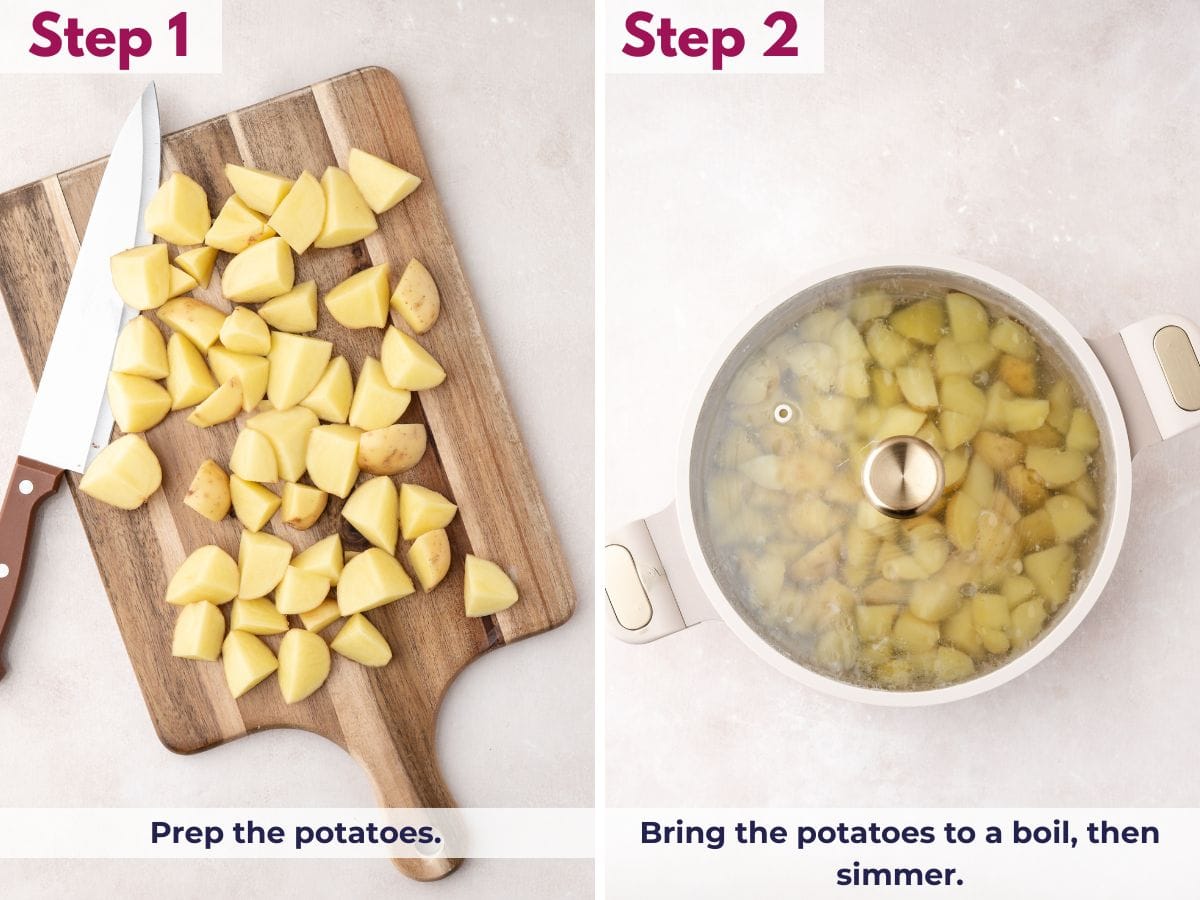 Prepping the potatoes, then bringing them to a boil and simmering until fork-tender for mashed potatoes preparation