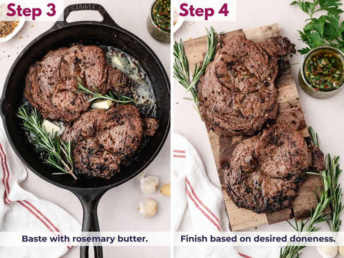 Basting steak with rosemary butter in a skillet and cooking to desired doneness until perfectly seared and tender
