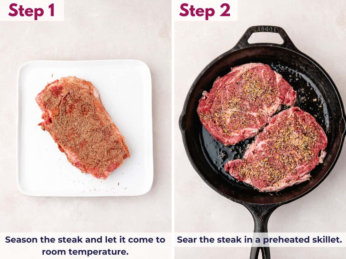 Seasoning steak and searing it in a preheated skillet until browned on the outside