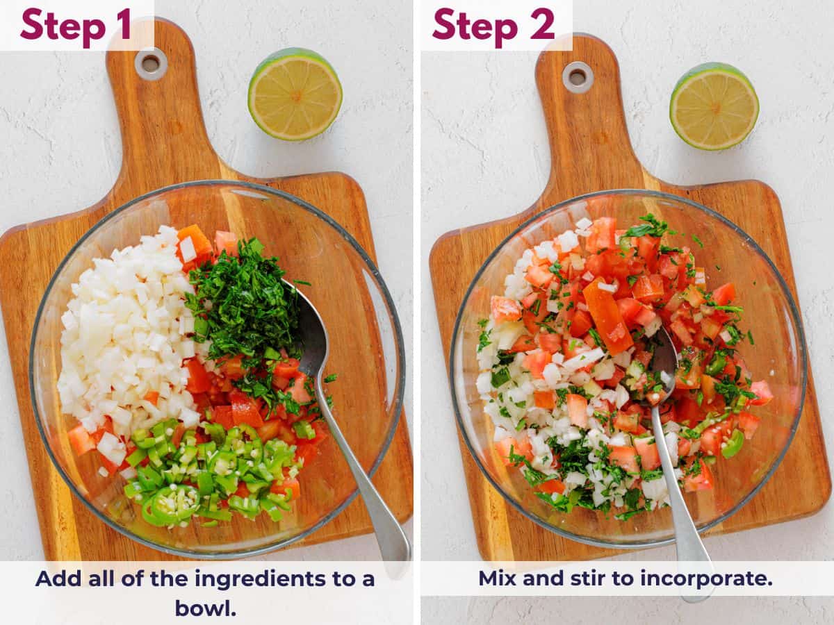 Adding all pico de gallo ingredients to a bowl and mixing until evenly combined