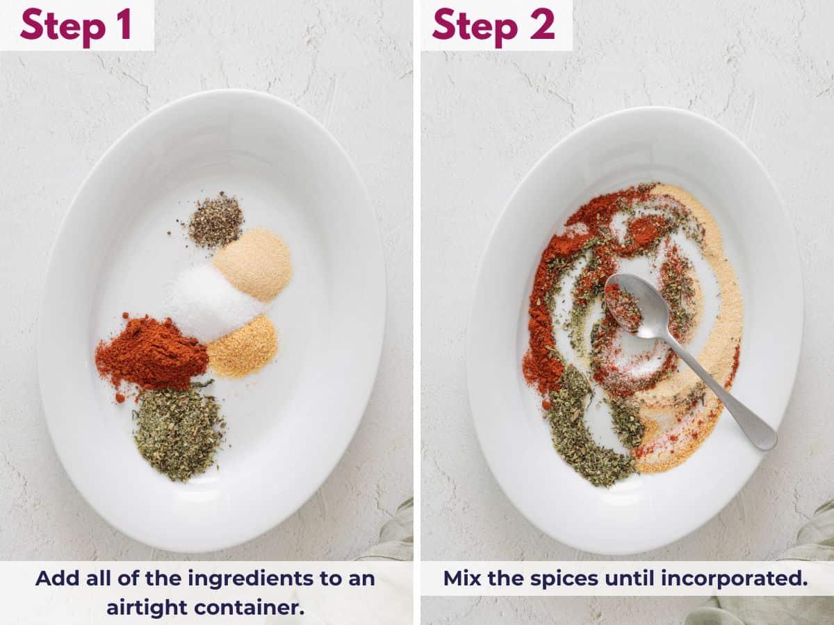 Adding all pork chop seasoning ingredients to a bowl and mixing until evenly combined