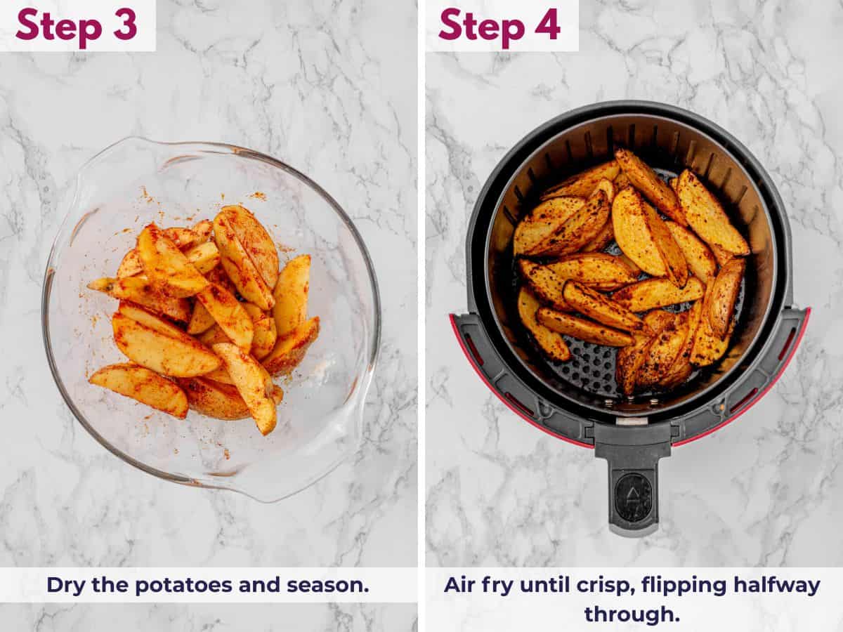 Drying and seasoning potato wedges, then air frying until crisp while flipping halfway through for even cooking