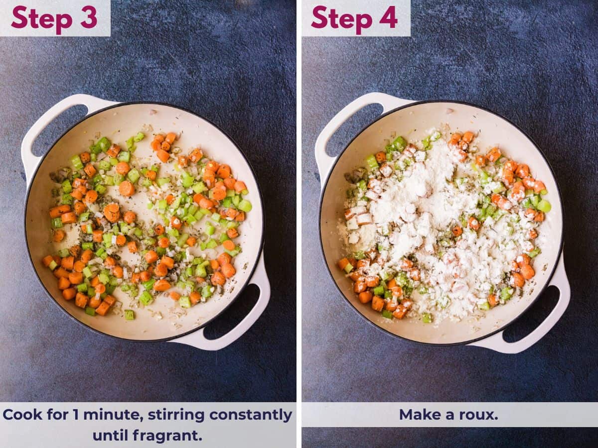 Cooking garlic and seasonings until fragrant, then making a roux by stirring flour into the mixture in the skillet