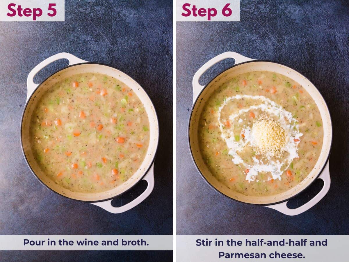 Pouring wine and broth into the skillet, then stirring in half-and-half and Parmesan cheese to create a creamy sauce