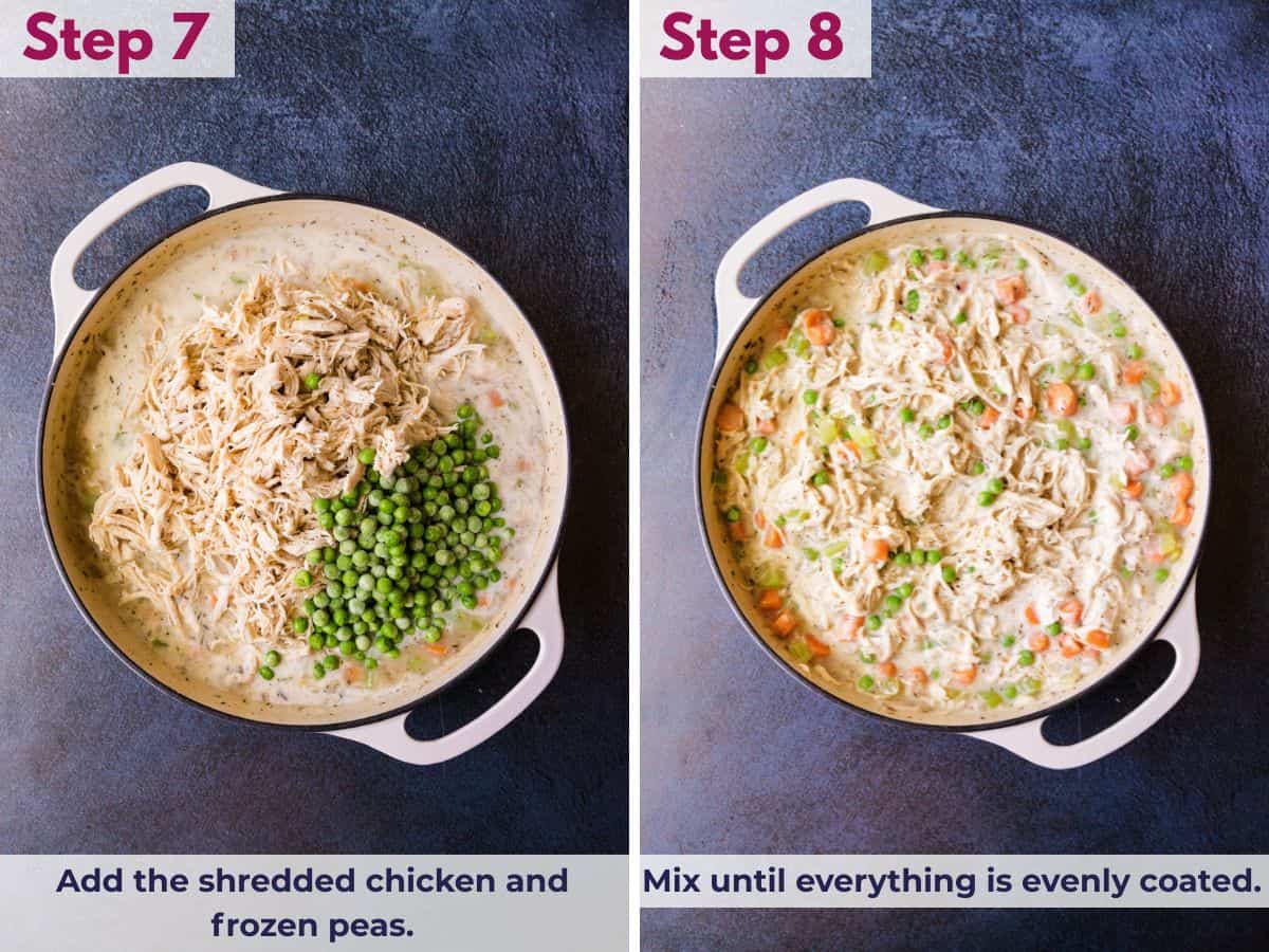 Adding shredded chicken and frozen peas to the creamy sauce and mixing until evenly coated for chicken pot pie filling