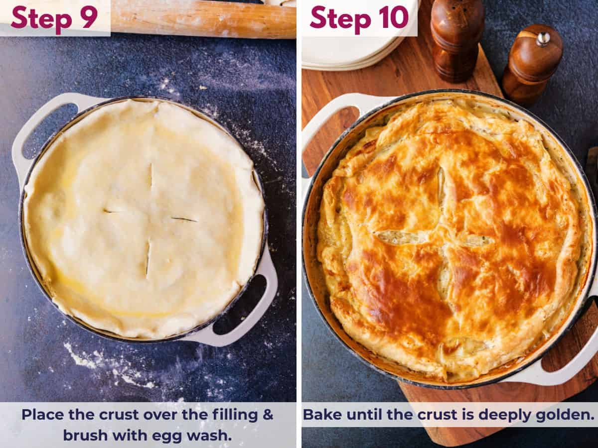Placing pie crust over chicken pot pie filling, brushing with egg wash, and baking until deeply golden and crisp