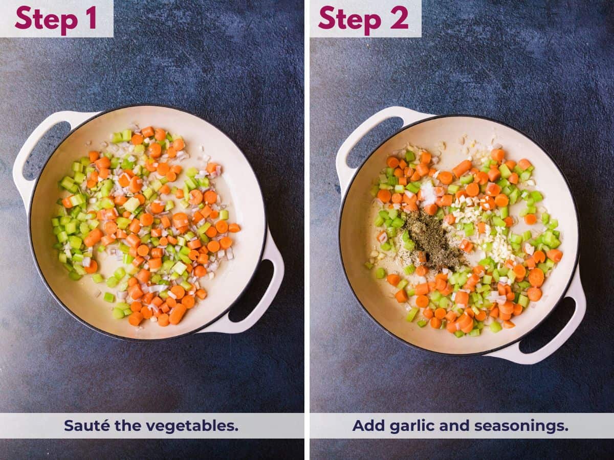 Saut&eacute;ing vegetables in a skillet, then adding garlic and seasonings to build flavor for chicken pot pie filling