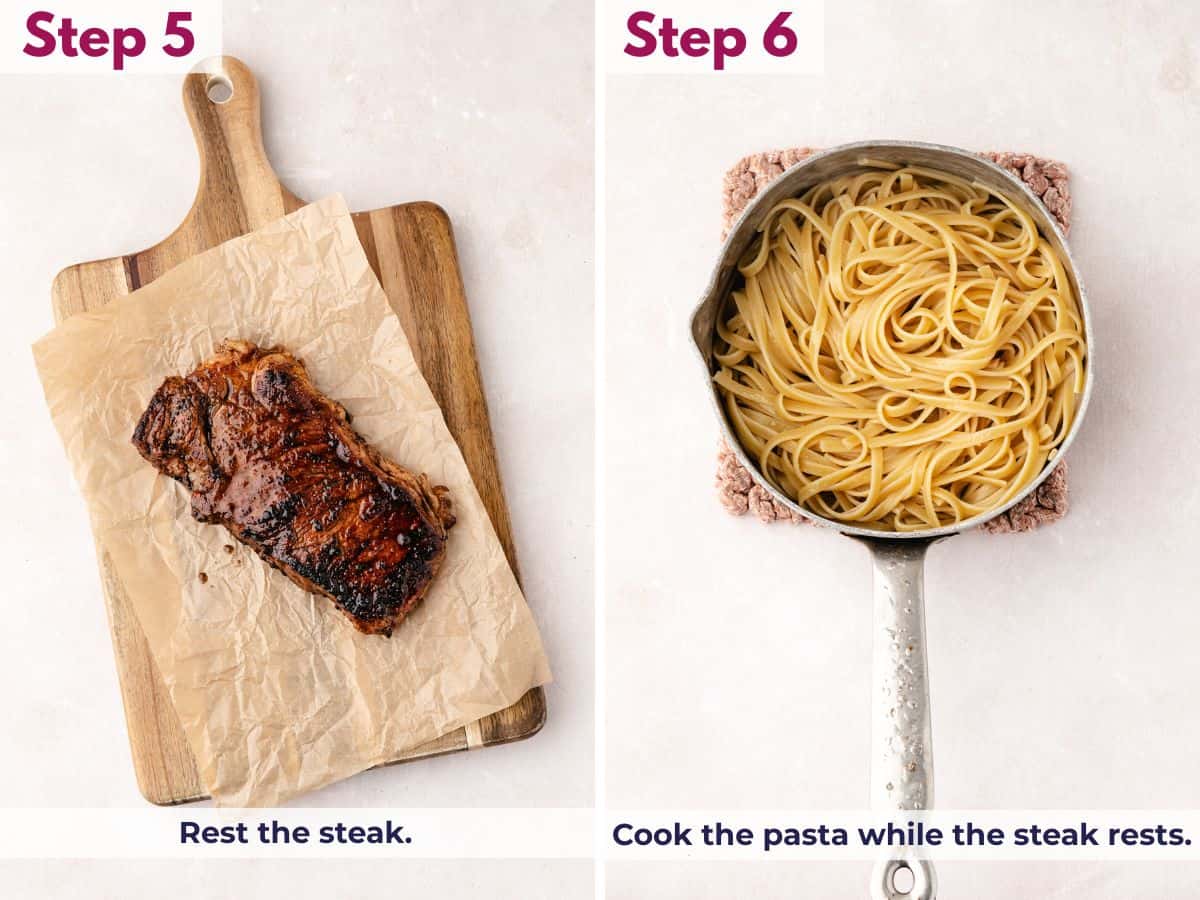 Resting the steak to retain juices while cooking pasta in a separate pot until al dente