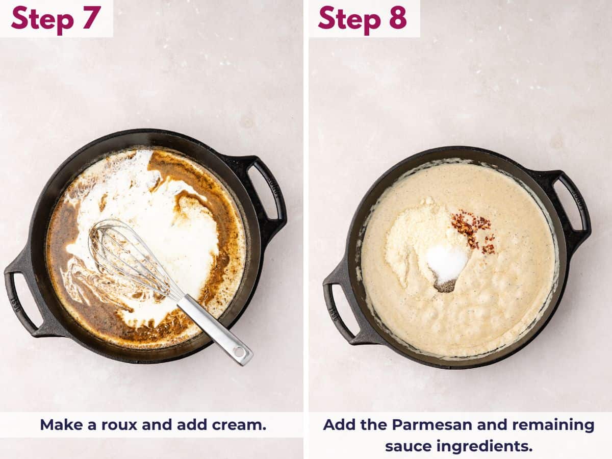 Making a roux in the pan, then whisking in cream and adding Parmesan and remaining sauce ingredients until smooth and combined