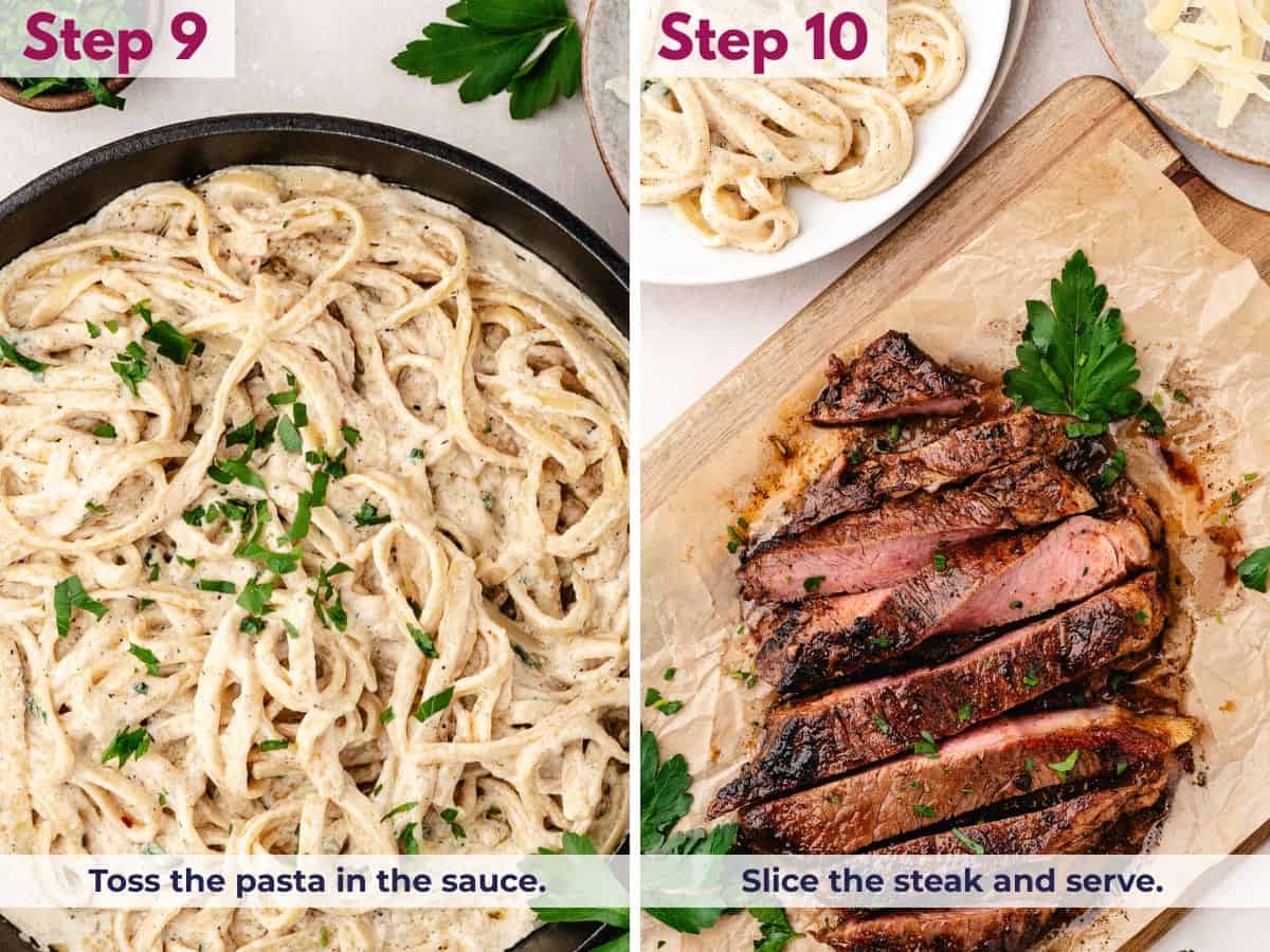 Tossing pasta in creamy sauce, then slicing rested steak and serving it over the pasta for a finished dish