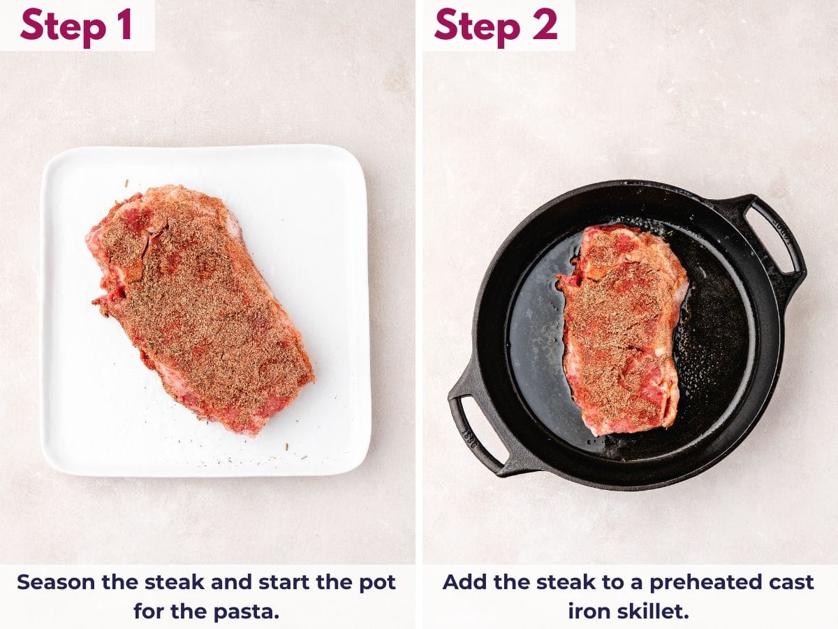 Seasoning steak while boiling pasta, then searing steak in a preheated cast iron skillet