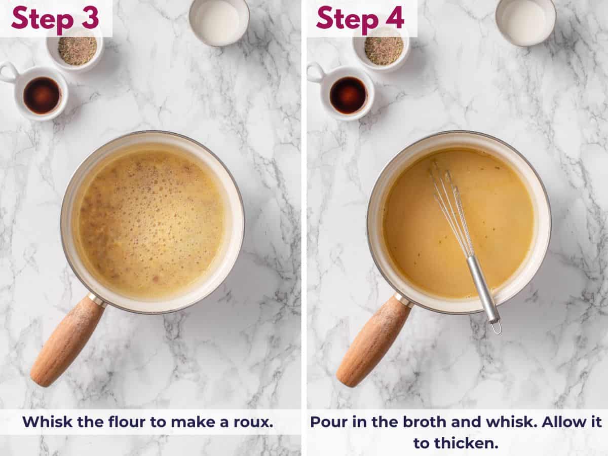 Whisking flour into the butter to make a roux, then adding broth and stirring until the gravy thickens smooth and silky